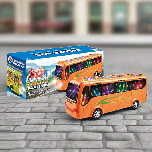Orange toy bus with colorful lights next to its packaging, featuring the brand 'Kaixin Toys'.