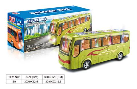 Toy bus with light and music features, displayed with packaging.