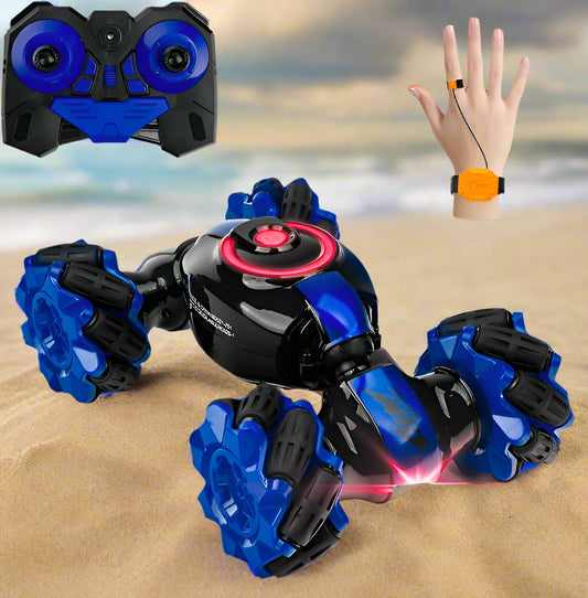 Toy robot with blue and black colors, remote control, and wrist band on a white background