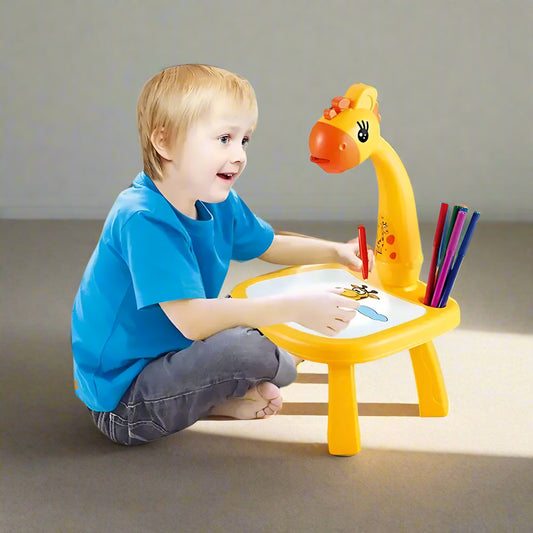 Child using a giraffe-shaped drawing desk with colored pencils on a white background